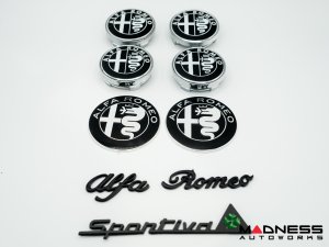 Alfa Romeo Emblems + Badges + Wheel Caps Kit - Black - "Alfa Romeo" + "Sportiva" Emblems + 2 AR Badges + 4 Center Caps